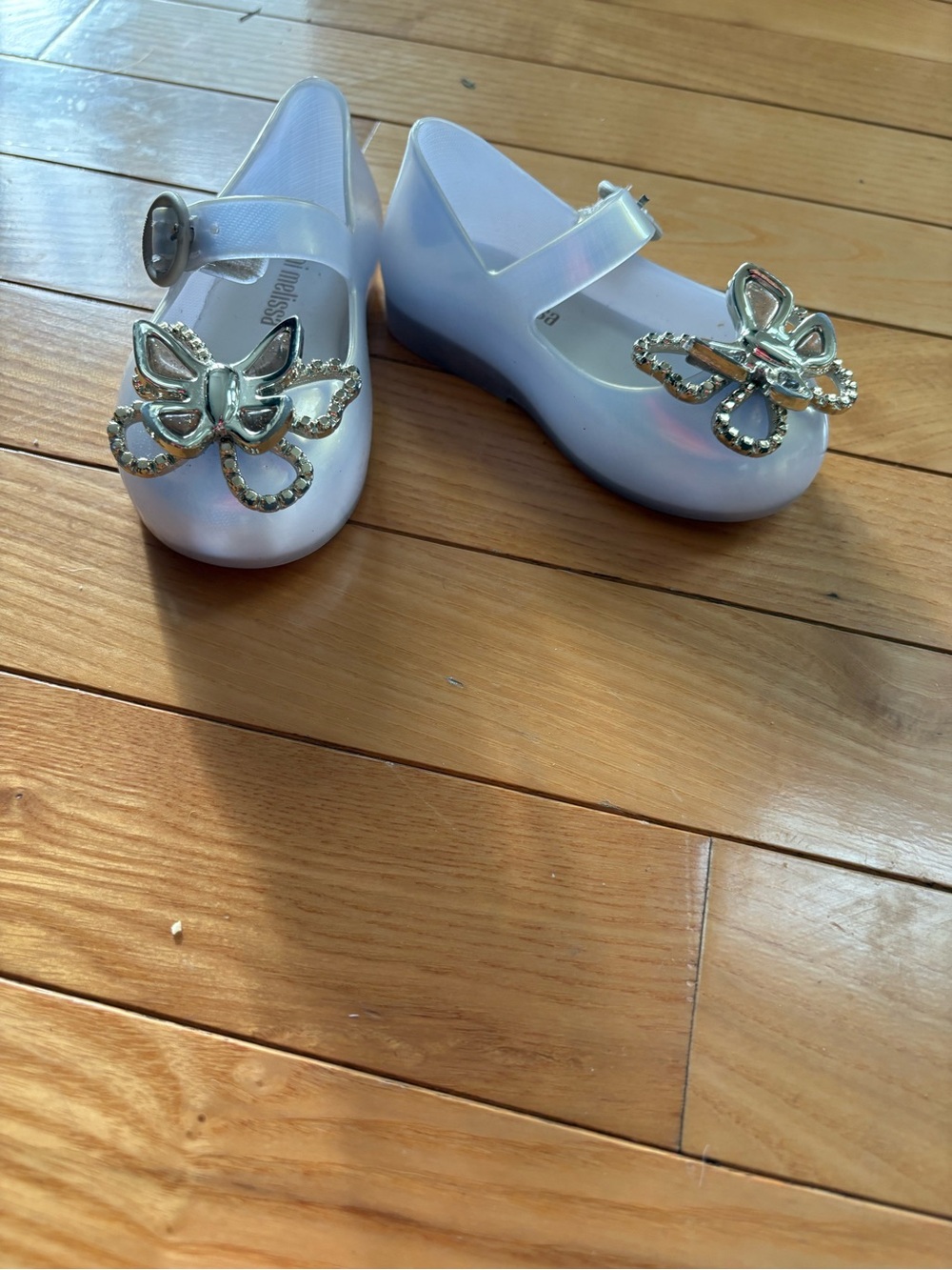 Mini Melissa Iridescent Lavender Mary Janes with Rhinestone Bow